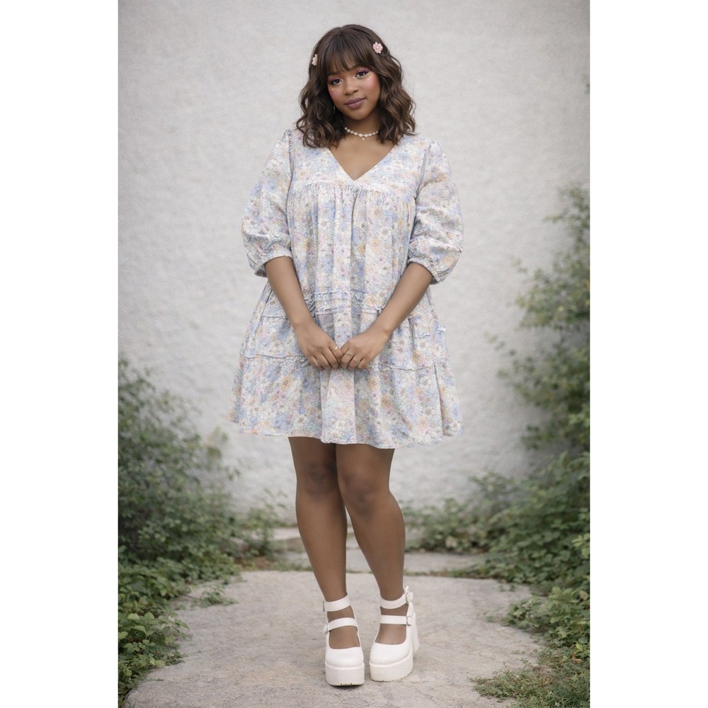 Floral Babydoll Cotton Mini Dress Cottagecore Pastel Puff Sleeve  Size‎ L